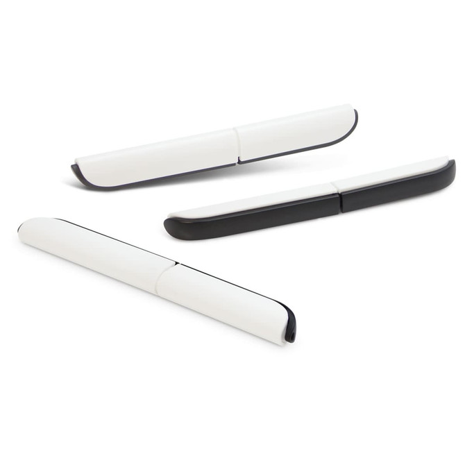 Compact scissors in black and white, featuring a sleek, foldable design, with a logo on one of the pieces.