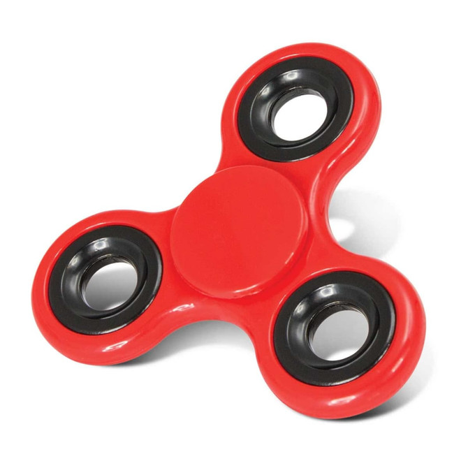 A red fidget spinner with black accents and three spinning arms.