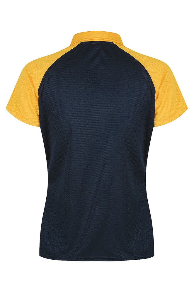 A navy and yellow polo shirt featuring a collar and short sleeves, with a logo present on the garment.