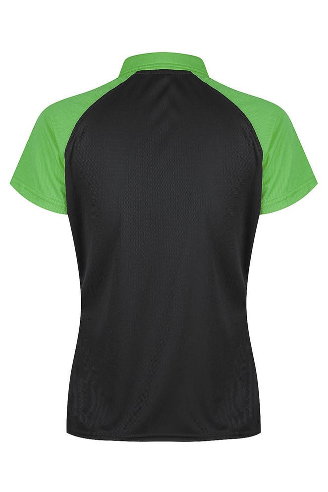 A polo shirt featuring a black body and green sleeves, with a collar and a subtle logo on the shirt.