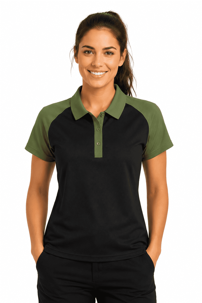 A polo shirt in black with green sleeves, featuring a collar and a central button placket. It includes a logo on the shirt.