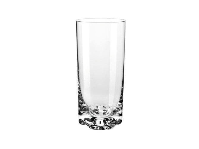 A clear highball glass with a sturdy base, part of a set of six, features a sleek and elegant design.