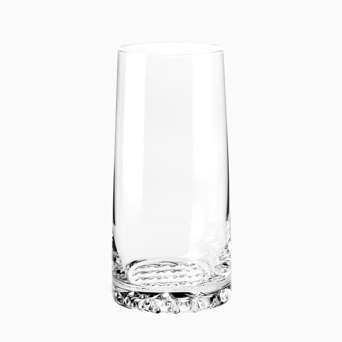 A set of six clear glass highball glasses with a textured base, presented in a gift box.