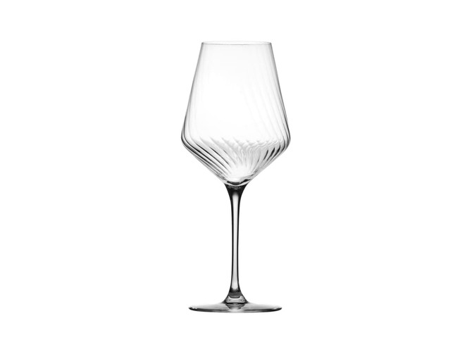 A set of six elegant clear wine glasses with a unique textured design, each holding 550ML, in a gift box.