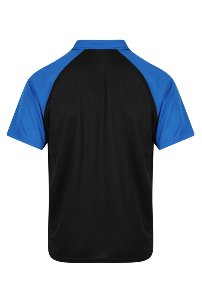 A black polo shirt with blue sleeves and a logo at the back. Suitable for casual or active wear.