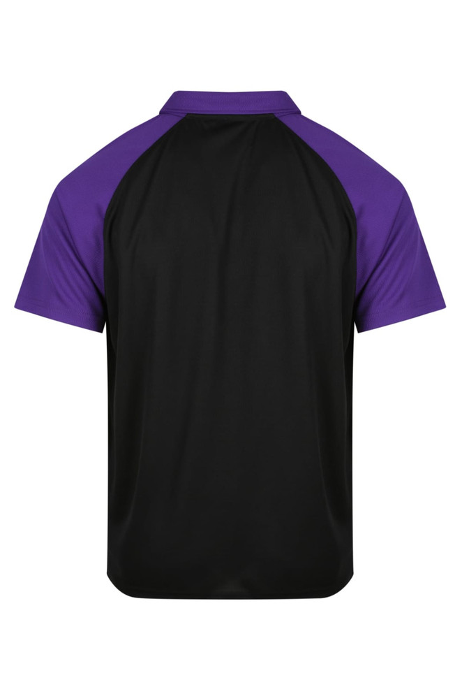 A men's polo shirt featuring a black body with purple raglan sleeves and a logo on the back.