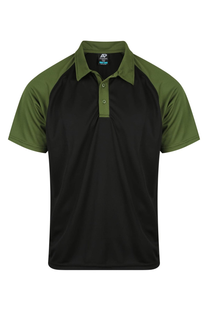 A black polo shirt with green sleeves and a logo on the chest, featuring a classic collar and short sleeves.