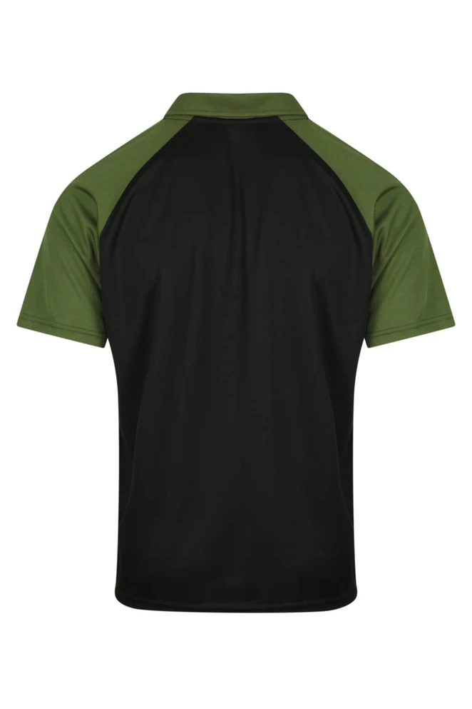 A men's polo shirt featuring a black body with green sleeves, showcasing a clean, simple design.