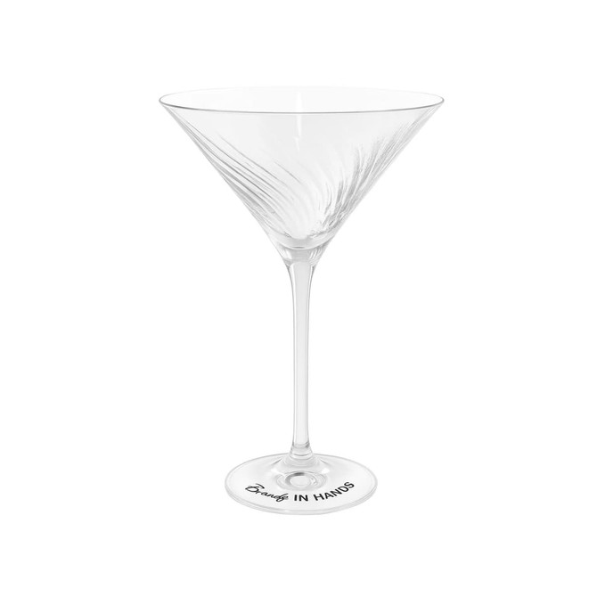 A martini glass set featuring six clear, elegantly shaped glasses with a swirl design and a branded base.
