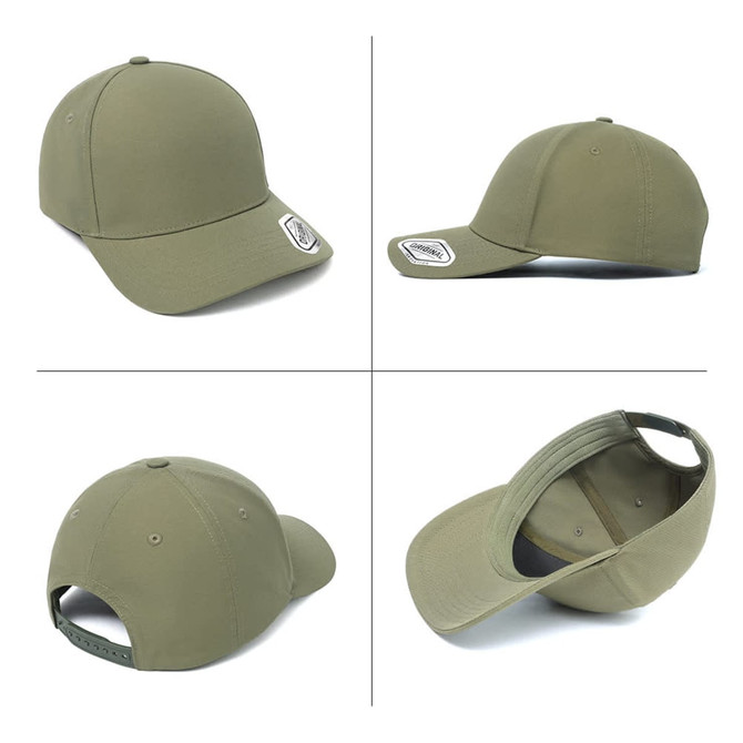 A khaki cap featuring a structured design, showcasing various angles including the front, side, and inside view, with a logo.