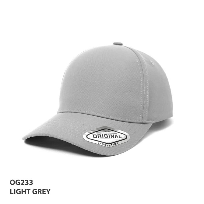 A light grey cap featuring a rounded brim and a logo badge on the side.