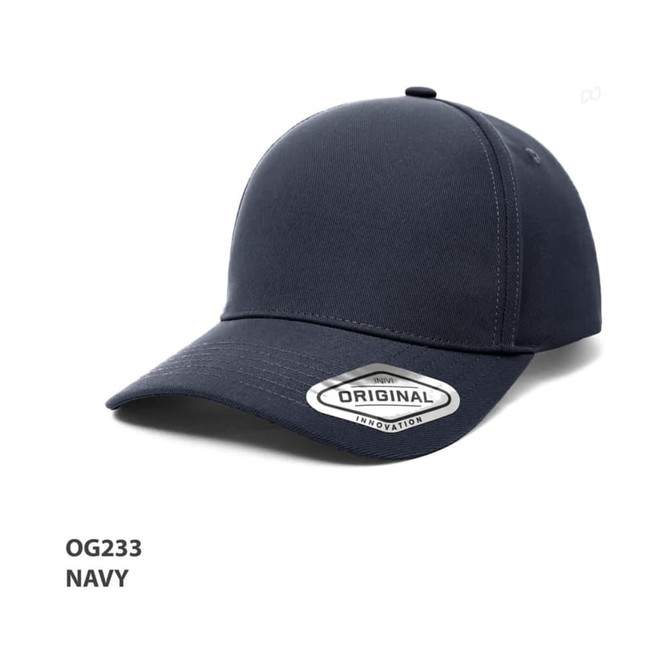 A navy blue cap with a curved brim and an attached logo badge.