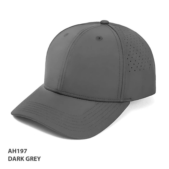 A dark grey cap featuring a curved brim and perforated design for ventilation. It includes a logo on the side.