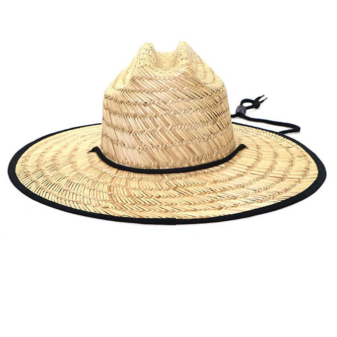 A straw hat with a wide brim, featuring a black band and a chin strap. The hat has a light natural colour.
