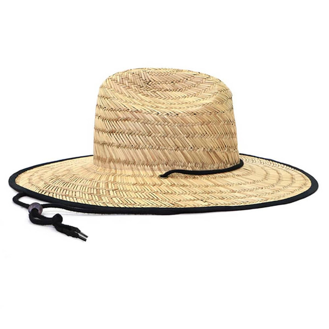 A wide-brimmed straw hat in natural tones, featuring a black trim and adjustable chin strap.