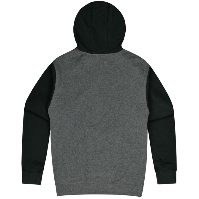 A grey and black hooded jumper featuring long sleeves and a hood, with a logo on the back.