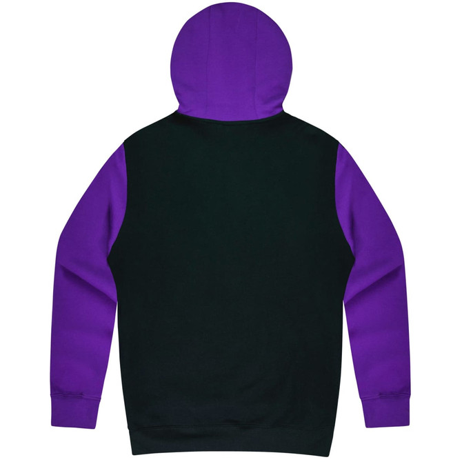 A hoodie featuring a black body and purple sleeves, with a hood at the back. It has a logo on it.