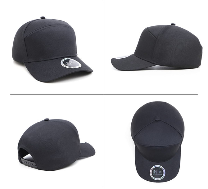 A black polycotton cap featuring a structured three-panel design and a branding logo on the front.