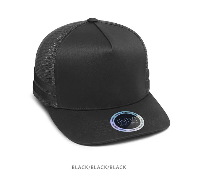 A black trucker cap with a solid front and mesh back, featuring a logo on the side.