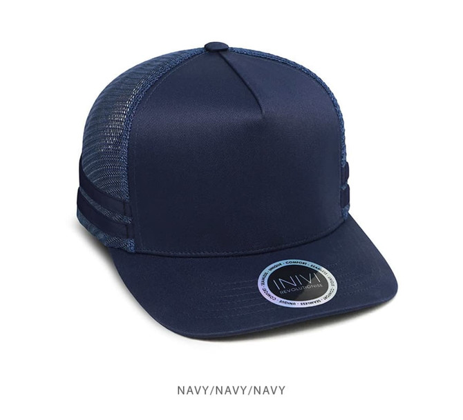 A navy trucker cap made from polycotton and mesh, featuring a logo on the front.