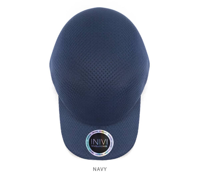 A navy cap made of 100% polyester featuring a circular logo on the front.