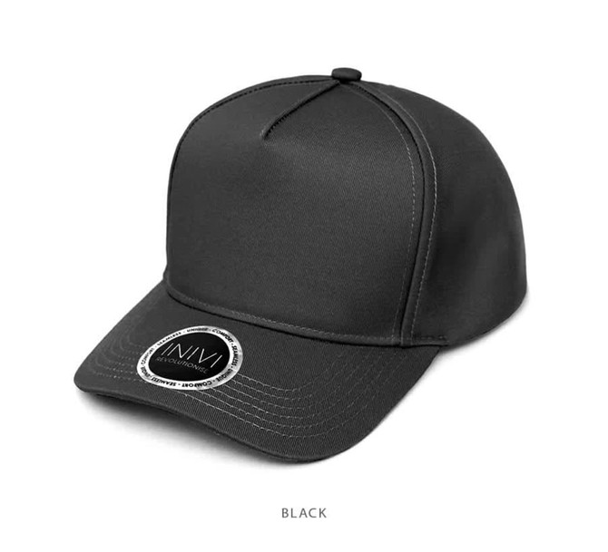 A black poloycotton cap with a structured design and a circular logo on the front.