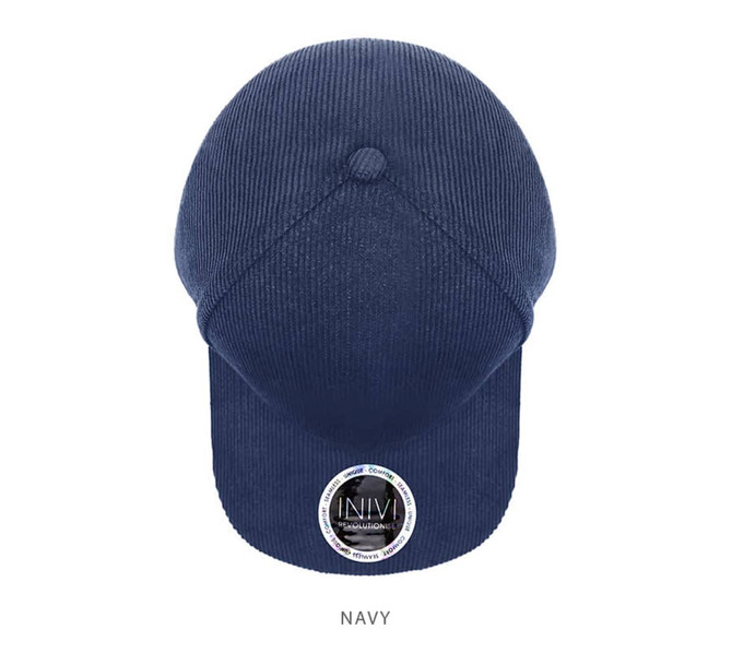A navy cap featuring a structured design and a circular logo on the front. Made from 100% cotton cord.