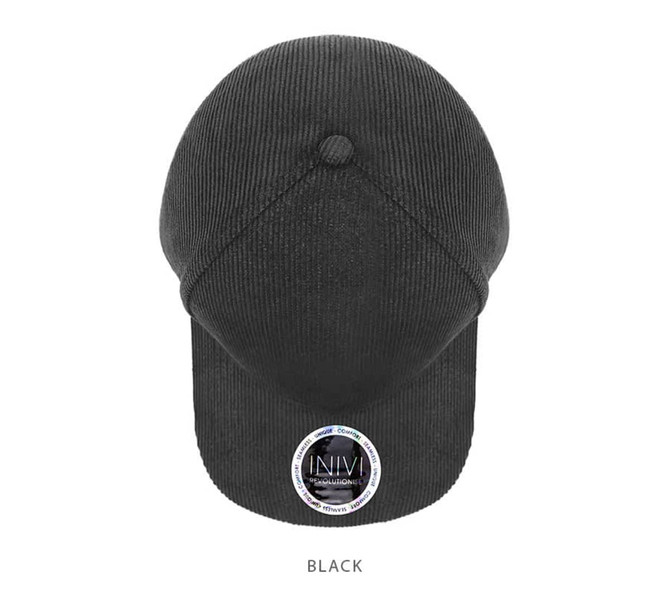 A black cap featuring a curved brim and a logo on the front, made from 100% cotton cord material.