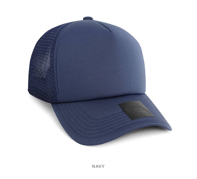 A navy trucker cap featuring a solid front and mesh panels at the back, with a logo on the front.