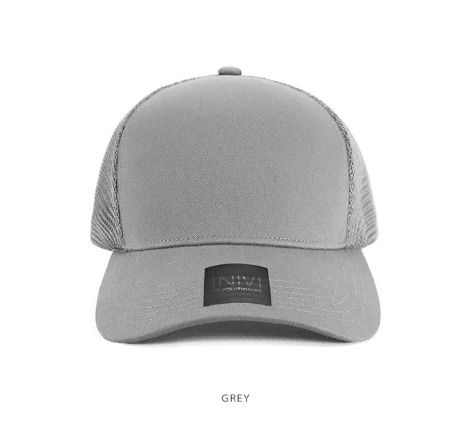 A grey cap with a mesh back and a logo on the front.