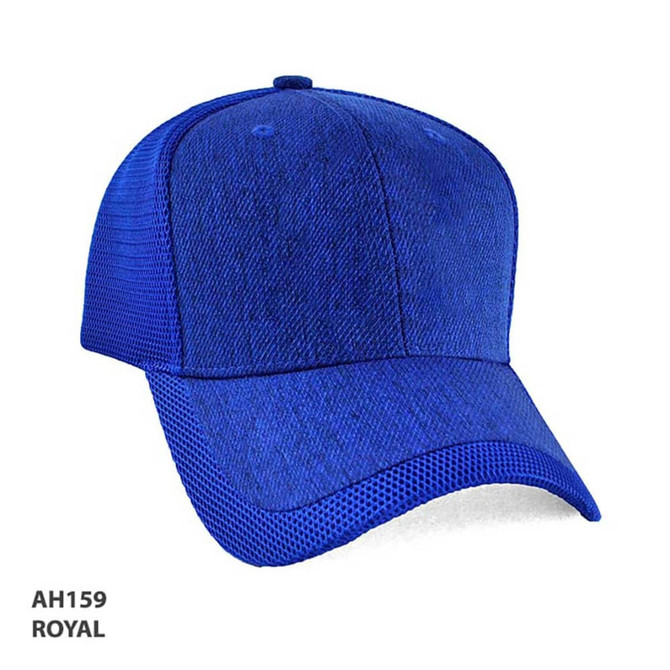 A blue cap with a mesh design and a structured crown, featuring a logo on the front.