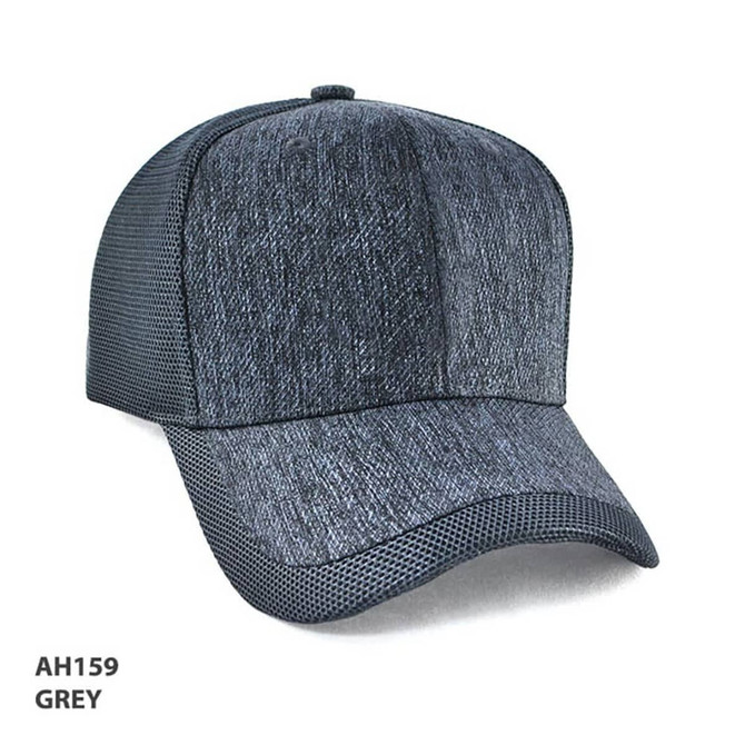 A grey cap with a textured front and mesh sides, featuring a curved brim and a logo.