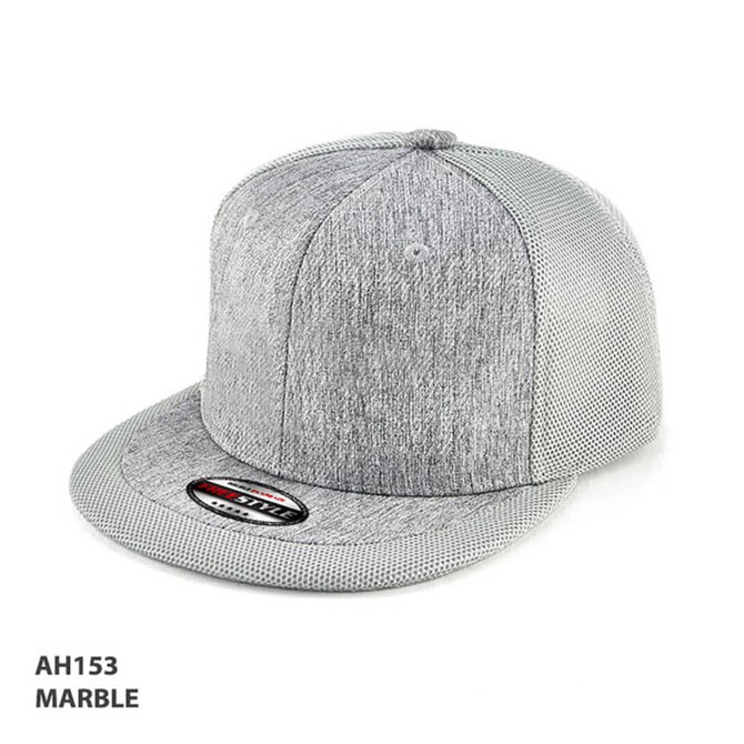 A grey marble cap featuring a textured design and a branding logo on the front.