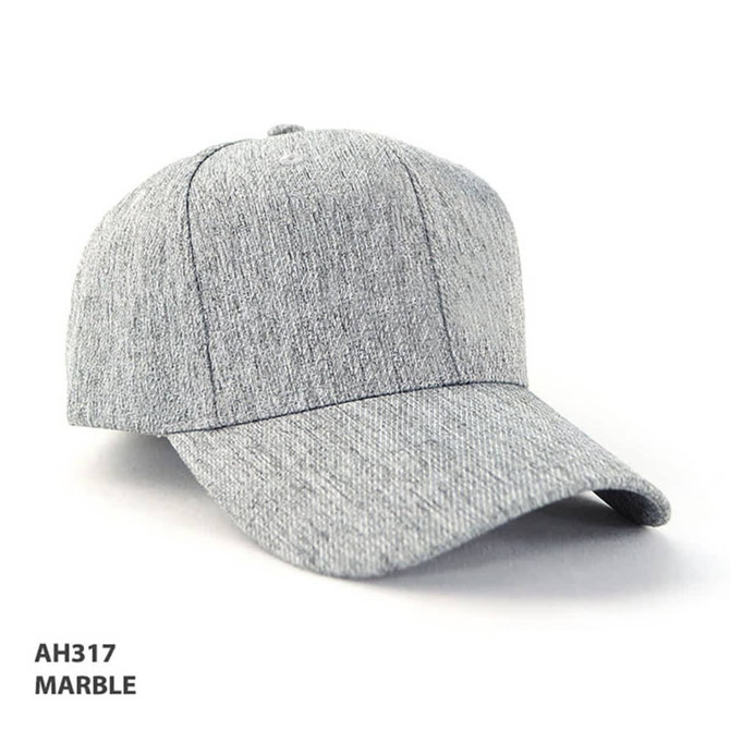 A grey marble cap with a structured design and a curved brim, featuring a logo on the front.