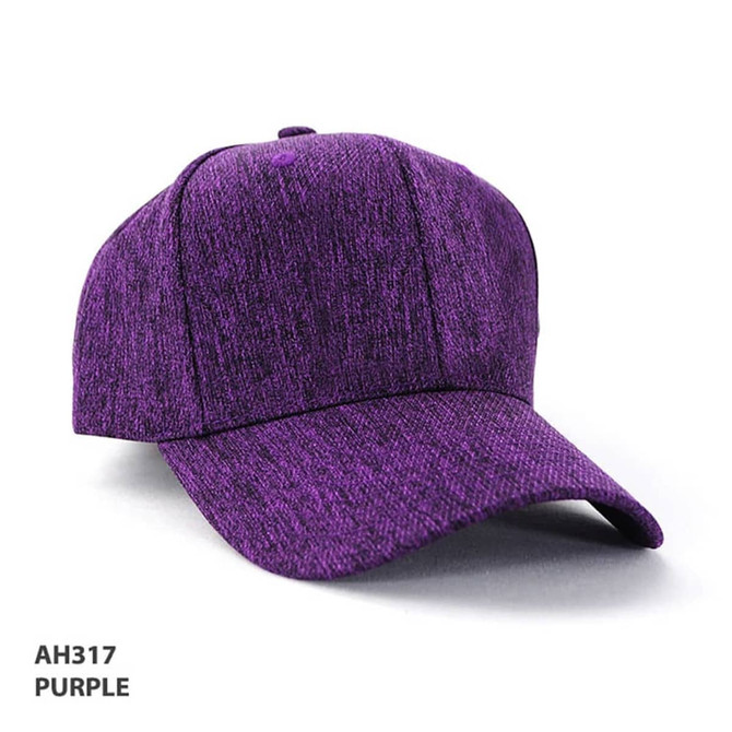 A purple cap with a textured fabric and a curved brim, featuring a logo on the front.
