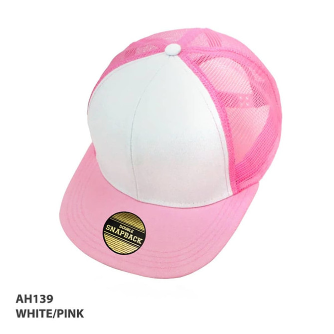A white and pink kids snapback cap with a mesh back and a circular logo on the front.