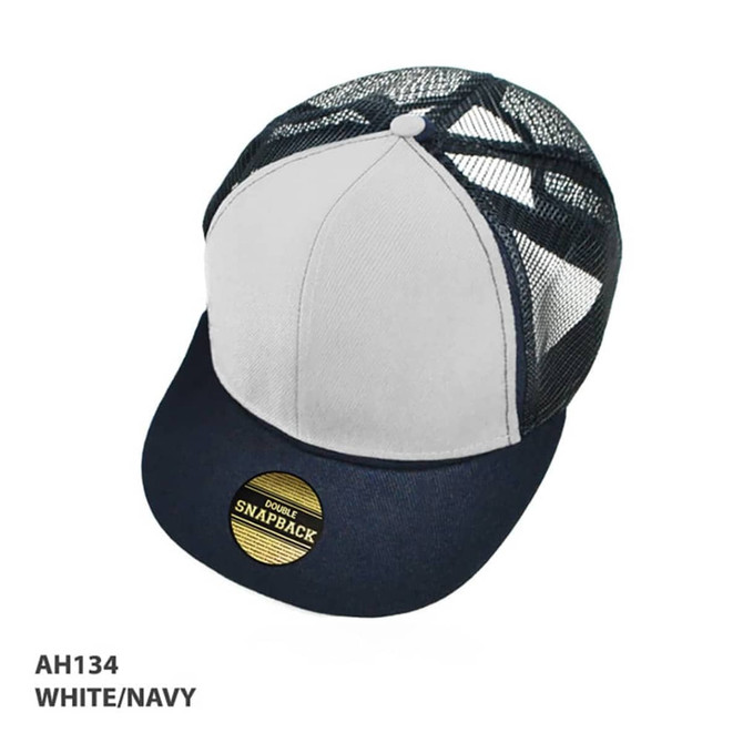 A white and navy Adult Snapback Cap with a mesh back and branded logo on the front.