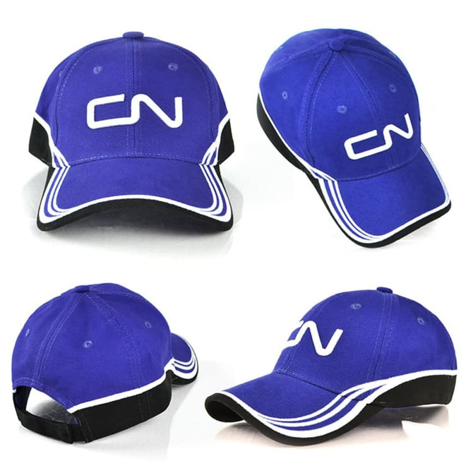 A blue cap featuring a black brim and a logo on the front, with white accent stripes on the sides.