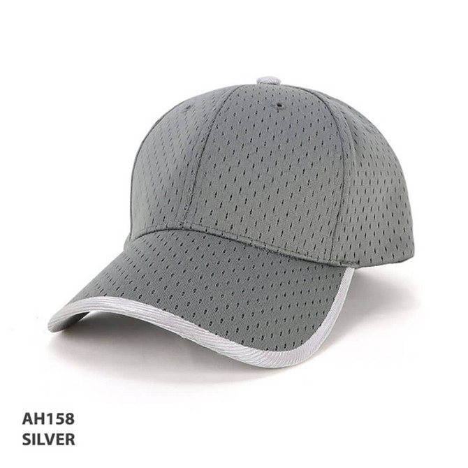 A silver waffle mesh cap featuring ventilation holes and a contrasting peak, with a logo on the front.