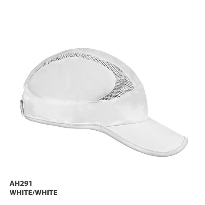 A white runner cap with a mesh panel and a curved visor, featuring a logo on the side.