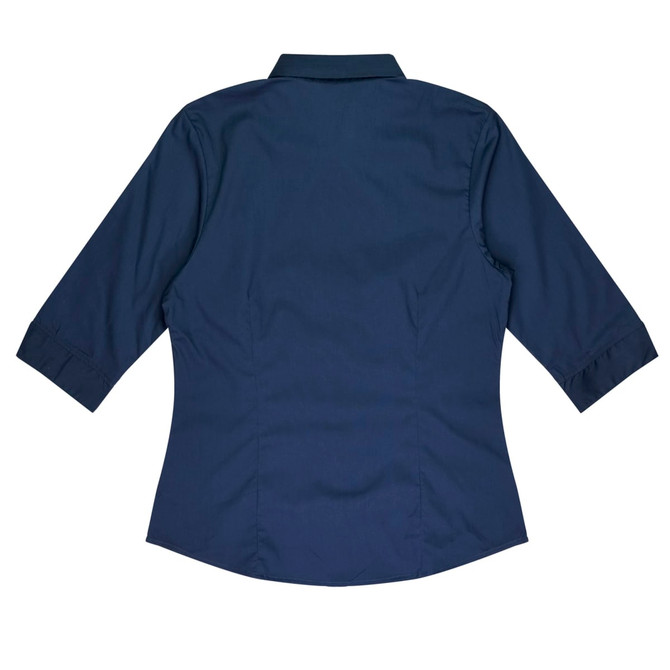 A navy button-up shirt with 3/4 sleeves and a fitted back design. Features a collar and one logo.