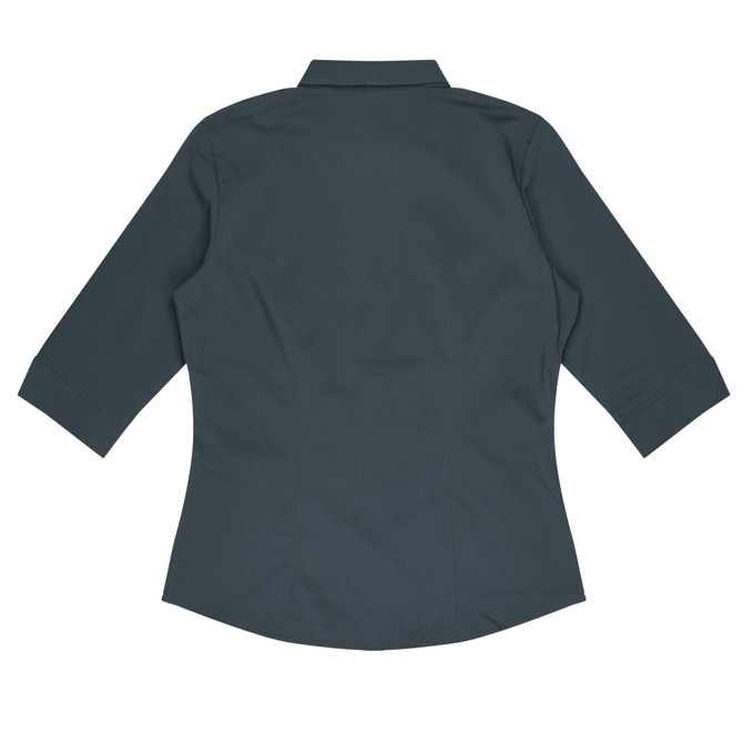 A dark green, button-up women's shirt with 3/4 sleeves, featuring a back view and a subtle branding logo.