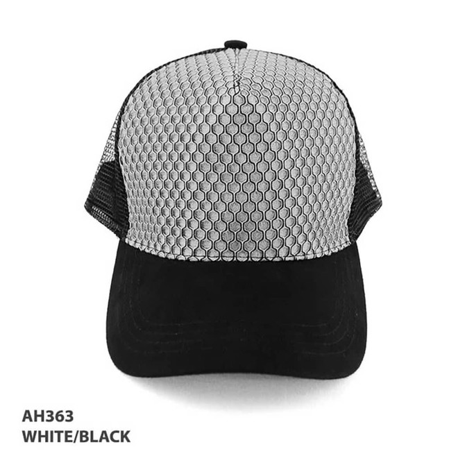 A trucker cap in white and black with a mesh back and a solid black peak. It features a logo on the front.