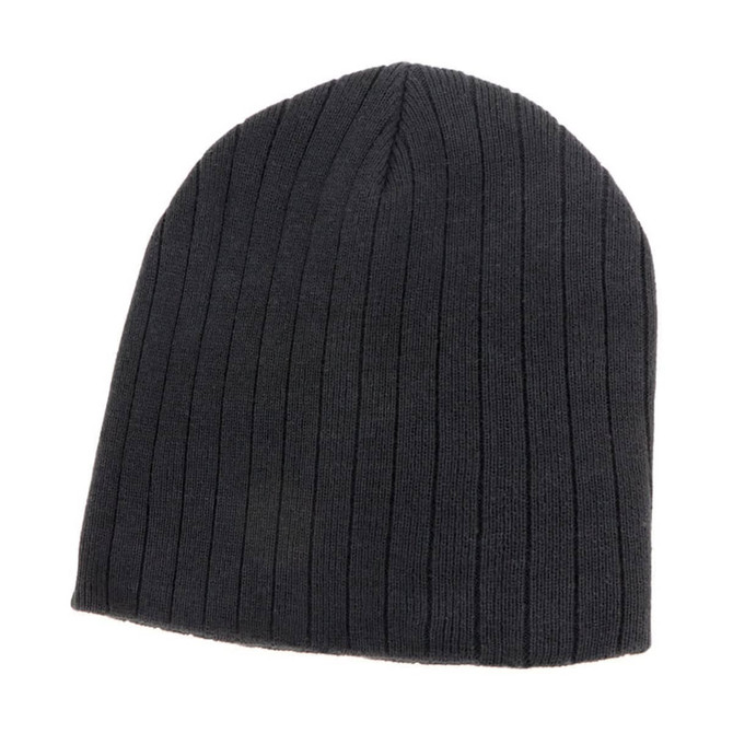 A black 100% cotton beanie featuring a ribbed texture and a simple design, including a logo.