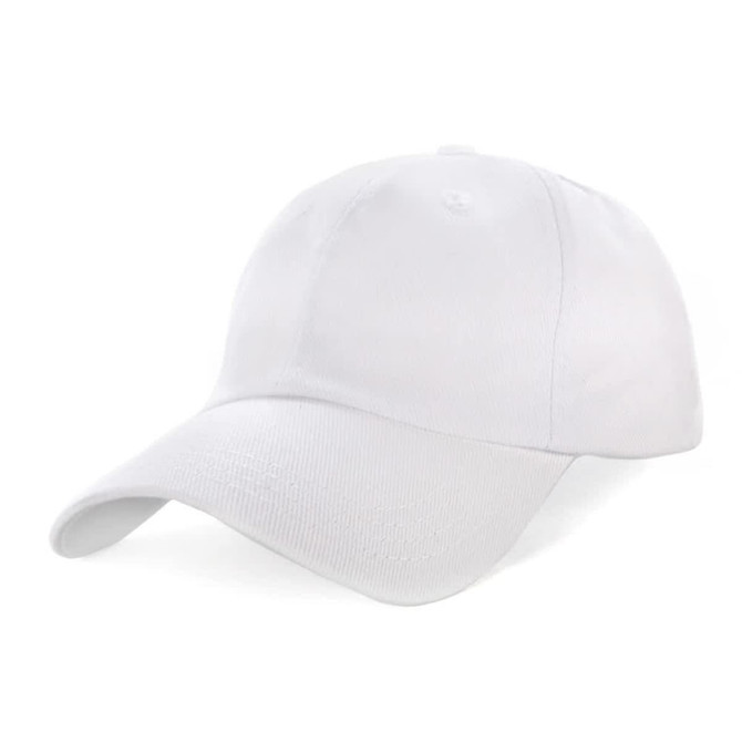 A white unstructured cap featuring a curved brim and an adjustable back, with a logo on the front.