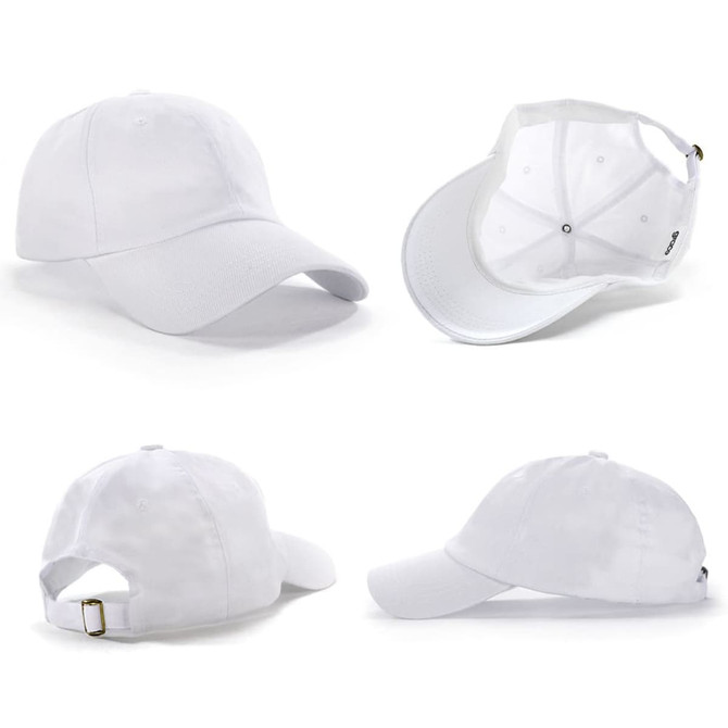 A white unstructured cap featuring a curved brim and an adjustable back strap. It has a logo on the side.