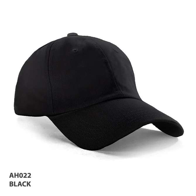 A black unstructured cap with a curved brim, featuring a logo on the front and a plain design.