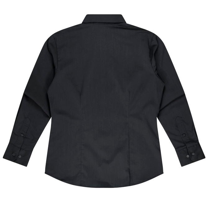 A black long sleeve button-up shirt with a fitted back and cuffed sleeves, featuring a logo.