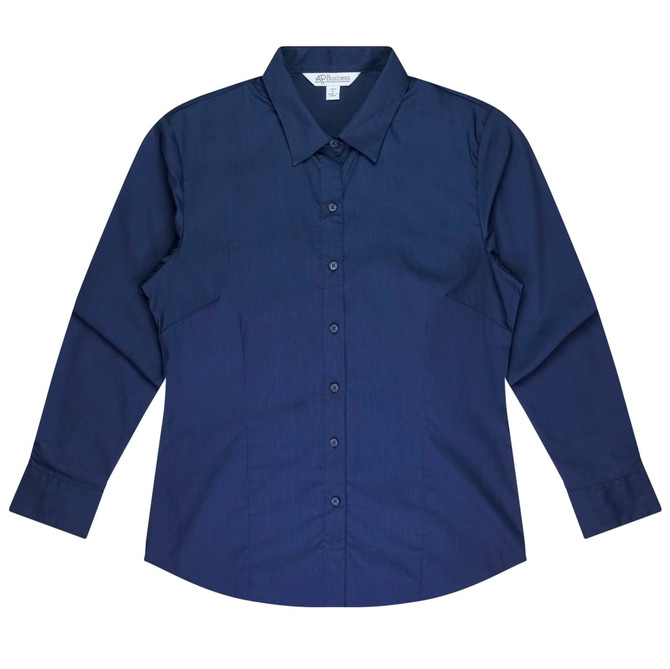 A navy long sleeve button-up shirt with a collar and a logo on the label.