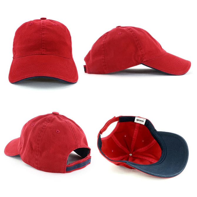 A red cap with a navy peak and underside, featuring a logo. Multiple angles are shown.
